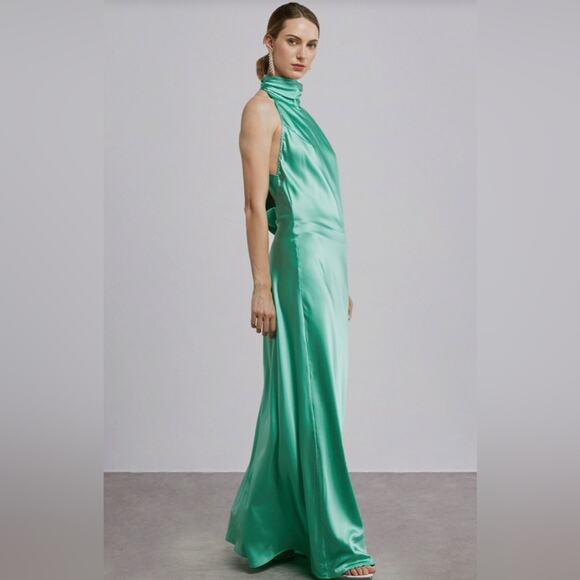 NWT Silk Maison Green Halter Cocktail Silk Maxi Dress S - Picture 11 of 12